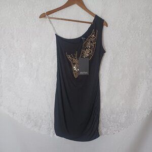 SILVER DAGGER Beaded Embellished Black Cocktail One Shoulder Body Con Mini Dress